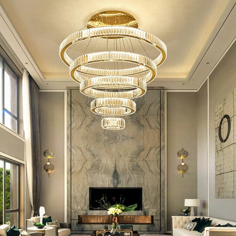 Remote Luxury Modern Ring Crystal Chandelier Lighting