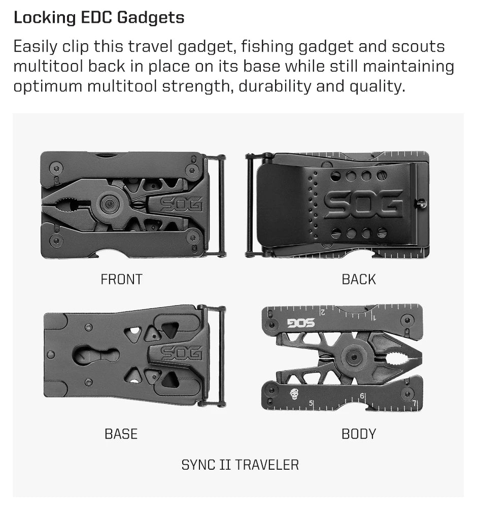 SOG Sync Mini Wearable Multitool Belt Buckle EDC Traveler Multi Tools Folding Pliers, Knife and 12 Survival Tools Kit For Men
