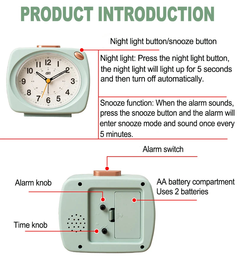 Music alarm clock, modern style, with snooze function and night light function, can run time, a good gift for the school season