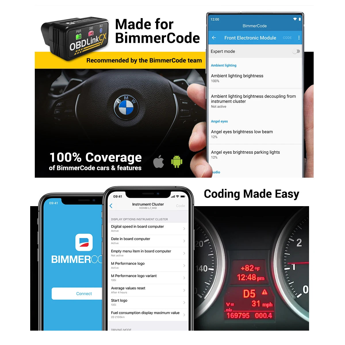 OBDLink CX -Designed For Bimmercode Bluetooth 5.1 BLE OBD2 Adapter Works with iPhone/iOS & Android, Car Coding, OBD II