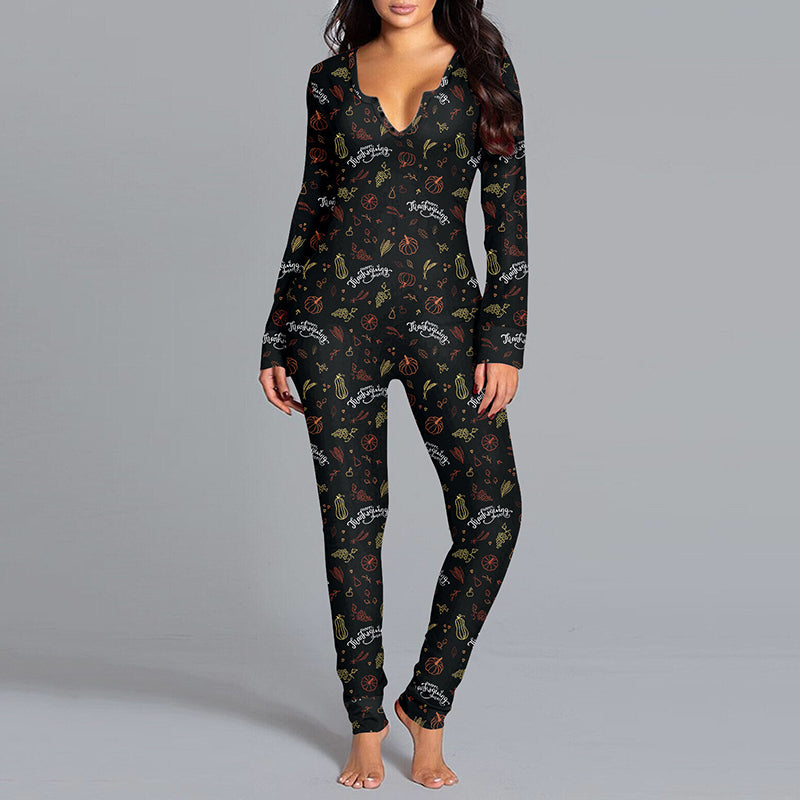 Halloween Printed Jumpsuit Long Sleeve Home Pajamas Casual Trousers Women's Cos Clothing