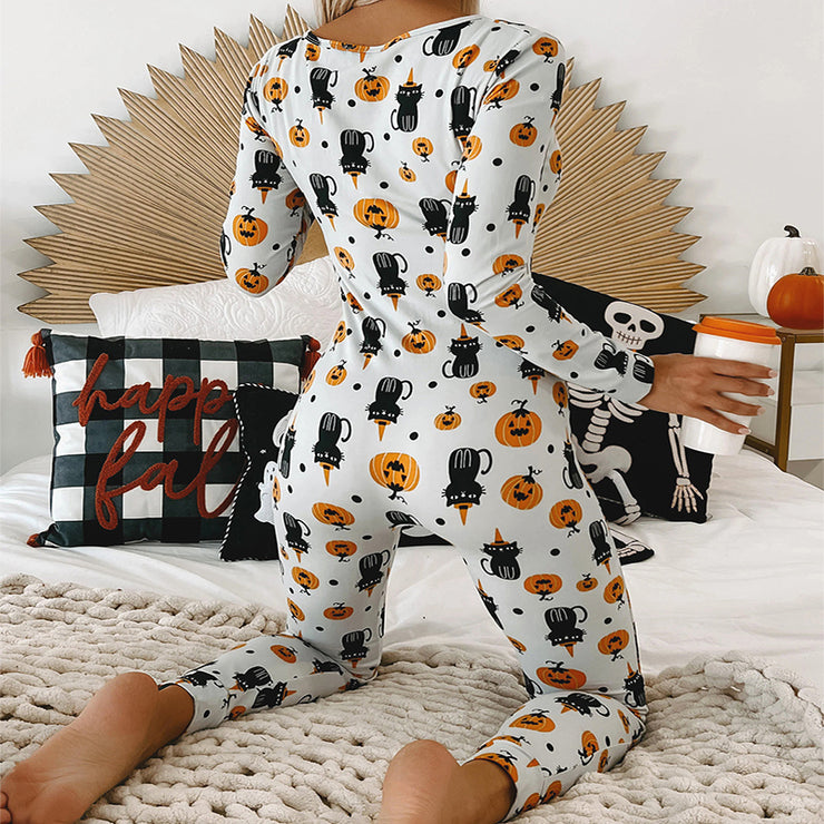 Halloween Printed Jumpsuit Long Sleeve Home Pajamas Casual Trousers Women's Cos Clothing