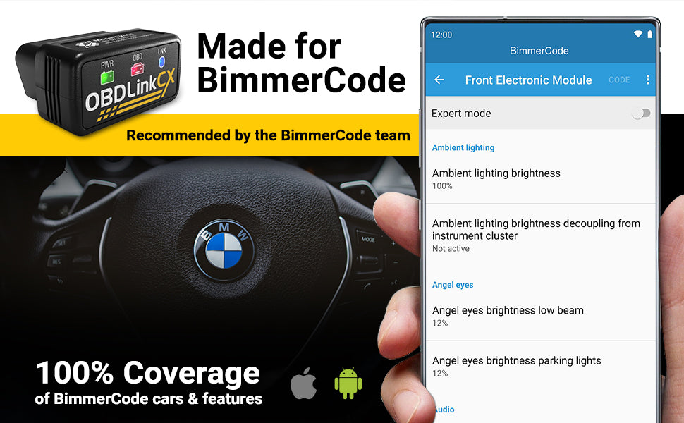 OBDLink CX -Designed For Bimmercode Bluetooth 5.1 BLE OBD2 Adapter Works with iPhone/iOS & Android, Car Coding, OBD II